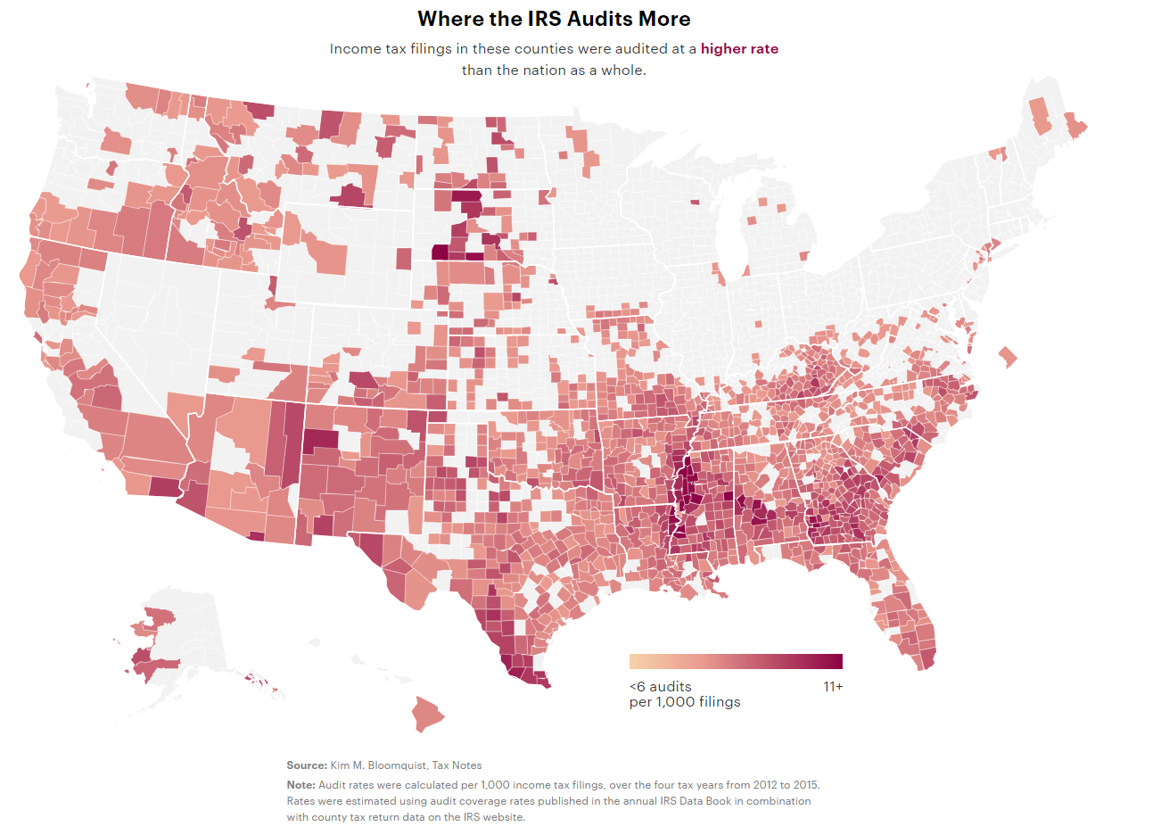 US map depicting where IRS has the most audits per capita