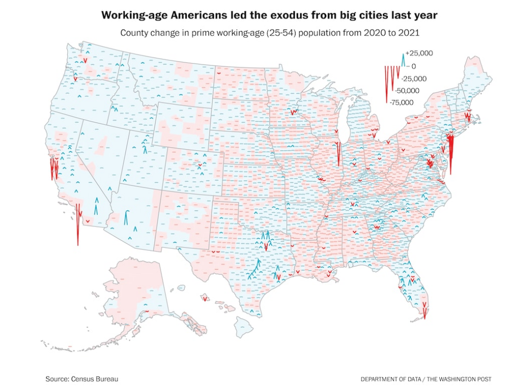 US map showing change by county between 2020-21 in working population