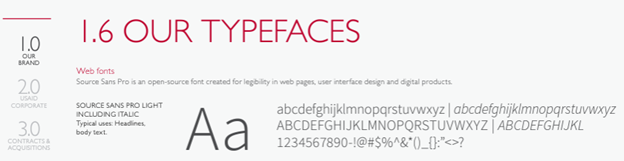 Snapshot from USAID's Graphic Standards and Partner Co-Branding Guide showing the web typeface as Source Sans Pro Light