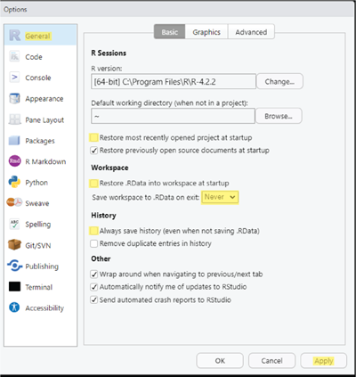 RStudio Global Options menu with the items above changed