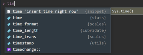 RStudio Console window showing autofill of Snippet name