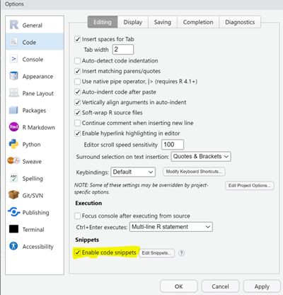 RStudio Global Options highlighting where to access Snippets