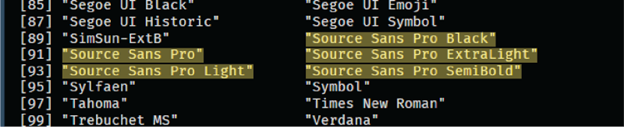 Output in R Console showing Source Sans Pro family installed